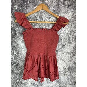 Japan Womens Smock square neck Flutter Sleeve eyelet lace Peplum Shirt Size S